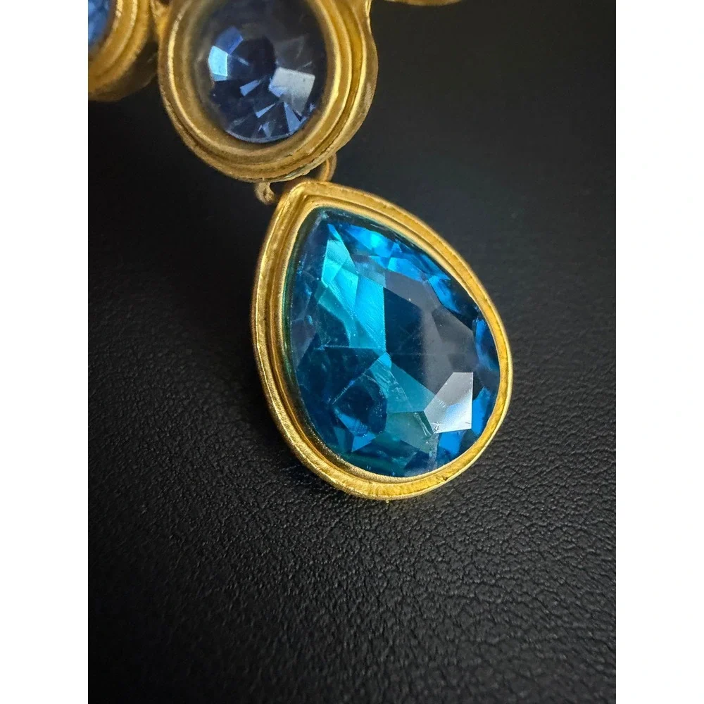 Rhinestone Earrings Mogul Dangle Gold Tone Teal Blue